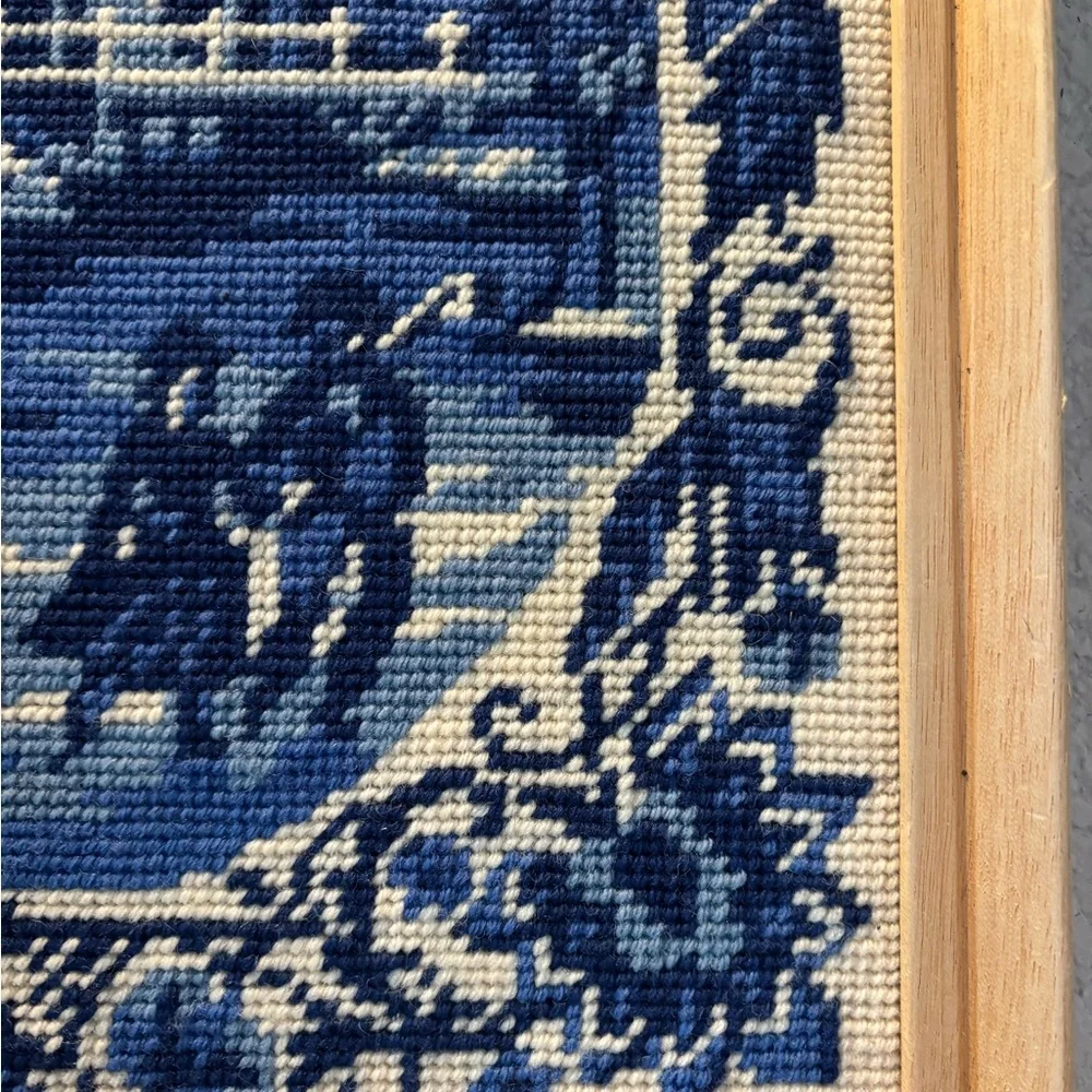Vintage Blue Cross-Stitch Scenic Winter Art in Wooden Frame - Picture 11 of 16